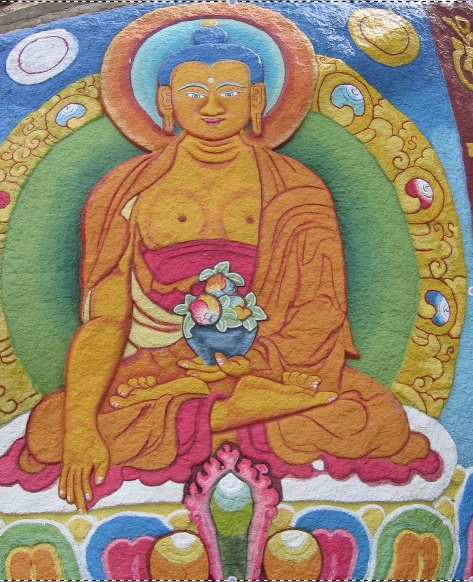 Photo: Tibetan painting of Shakymuni Buddha on a boulder at the Palpung Monastery, onwardtibet.org