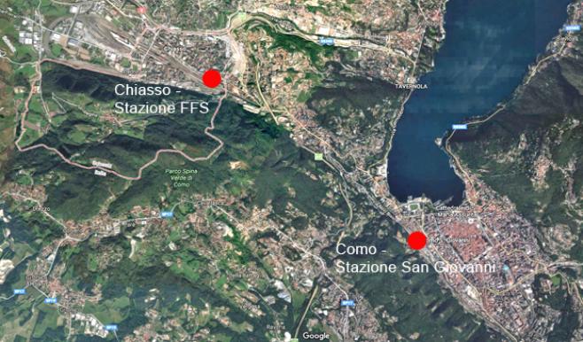 4,5 kilomètres séparent les deux gares entre l’Italie et la Suisse. Screenshot GoogleMaps